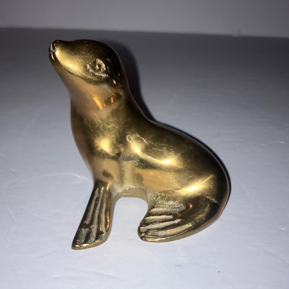 Vintage Brass Seal Figurine Paperweight 3”‎
